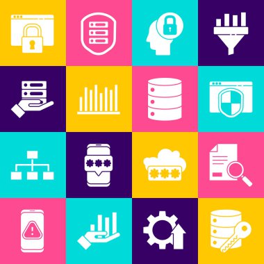 Set Server security with key, Document search, Browser shield, Human head lock, Pie chart infographic, Server, Data, Web Hosting, Secure your site HTTPS, SSL and icon. Vector