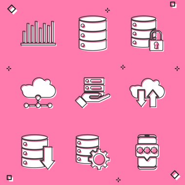 Set Pie chart infographic, Server, Data, Web Hosting, security with lock, Network cloud connection, Cloud download and upload, and gear icon. Vector