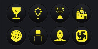Set Moon, Church building, Orthodox jewish hat with sidelocks, Man third eye, Hanukkah menorah, Rosary beads religion, Jainism and Christian chalice icon. Vector