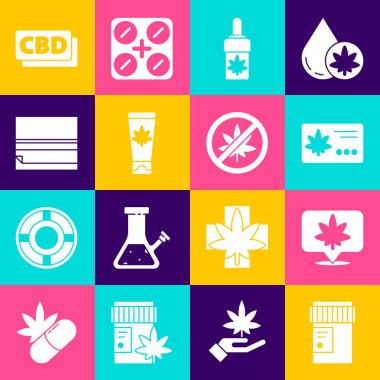 Set Medical bottle with cannabis, Location and, Calendar marijuana leaf, Marijuana or olive oil, cream, Rolling paper, Cannabis molecule and Stop icon. Vector