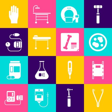 Tıbbi cımbız, sedye, bakteri, tomografi, tansiyon, lastik eldiven ve röntgen ikonu hazırlayın. Vektör