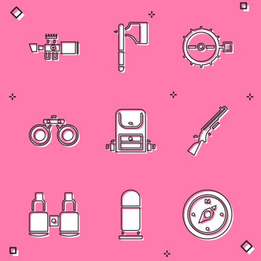 Keskin nişancı görüşü, tahta balta, tuzak avı, dürbün, yürüyüş sırt çantası, av tüfeği ve kurşun ikonu ayarlayın. Vektör