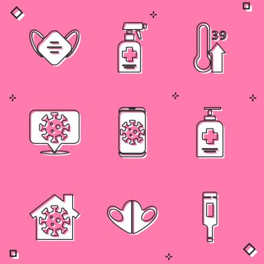 Tıbbi koruyucu maske, sıvı antibakteriyel sabun, yüksek vücut ısısı, konumda Corona virüsü, virüs istatistik mobil, evde kal ve ikon. Vektör