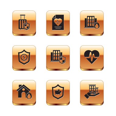 Yanan evde yangın, domuz kumbarası, House, Shield doları, sigorta ve sağlık ikonu. Vektör