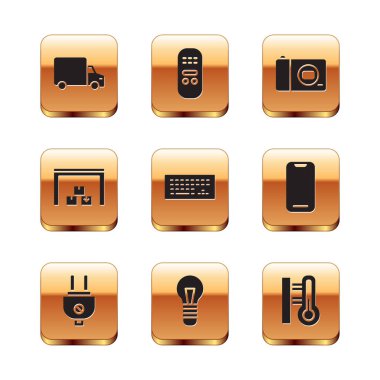 Set Delivery cargo truck, Electric plug, Light bulb, Keyboard, Warehouse, Photo camera, Meteorology thermometer and Remote control icon. Vector