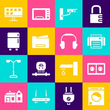 Set Washer, Electrical outlet, Printer, Security camera, Refrigerator, Smart Tv and Headphones icon. Vector