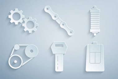 Anahtarı uzaktan kumandalı, şok emicili, zaman ayarlı kemer kiti, zincir ve dişli simgesi ile ayarla. Vektör