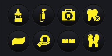 Diş macunu, diş macunu, protez mankeni, ilk yardım çantası, matkap, kırık diş ve ağız gargarası ikonu. Vektör