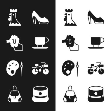 Kahve fincanı, kaniş köpeği, Fransız horozu, kadın ayakkabısı paletli boya fırçası, bisiklet, Kepi ve el çantası ikonu. Vektör