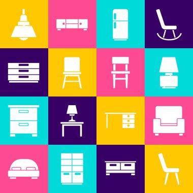 Koltuk, masa lambası, buzdolabı, sandalye, çekmeceler, avize ve ikon. Vektör