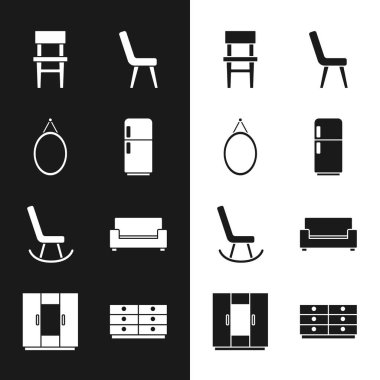 Buzdolabı, Ayna, Sandalye, Koltuk, Koltuk, Göğüs Çekmeceleri ve Kostüm ikonu ayarlayın. Vektör