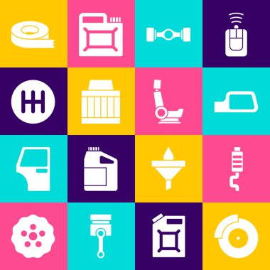 Araba fren diskini kalibre, susturucu, ayna, Chassis arabası, hava filtresi, vites kolu, selobant ve koltuk ikonu ile ayarla. Vektör