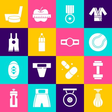 Kum torbası, Dumbbell, Tenis topu, madalya, güreş atleti, buz hokeyi sopası ve disk ve boks kemeri ikonu. Vektör