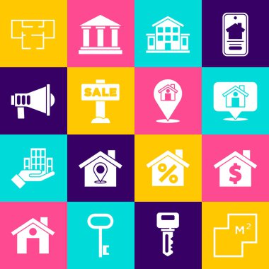 Ev planı, dolar sembollü, konum evi, asma işareti satışı, megafon ve ikon. Vektör
