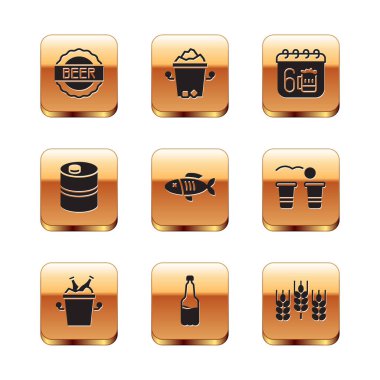 Birada şişe kapağı, buz kovasında bira şişeleri, plastik, kurutulmuş balık, metal fıçı, Aziz Patrick takvimi, buğday ve buz ikonu. Vektör