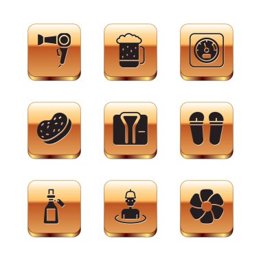 Saç kurutma makinesi, temel yağ şişesi saunadaki adam, bornoz, sünger, sauna termometresi, çiçek ve ahşap bira bardağı ikonu. Vektör