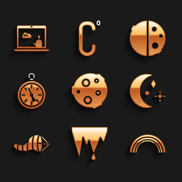 Conjunto Luna, Icicle, Arco Iris, y las estrellas, Cono meteorología veleta de viento, Brújula, Eclipse del sol y el tiempo icono de pronóstico. Vector — Vector de stock