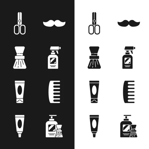 Set Hairdresser pistol spray bottle, Shaving brush, Scissors hairdresser, Mustache, Cream lotion cosmetic tube, Hairbrush, gel foam and and icon. Vector — Stok Vektör