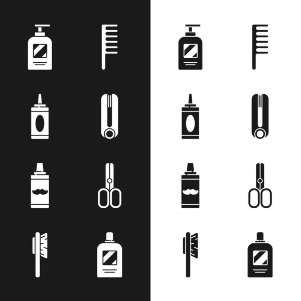 Set de rizador para el cabello, Botella de champú, Cepillo de pelo, Afeitado de espuma de gel, Tijeras peluquería, y el icono. Vector — Archivo Imágenes Vectoriales