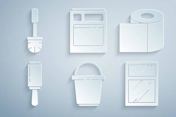 Set Bucket, Papel higiênico rolo, Rolo adesivo, Serviço de limpeza para janelas, Máquina de lavar louça cozinha e ícone de escova. Vetor —  Vetores de Stock