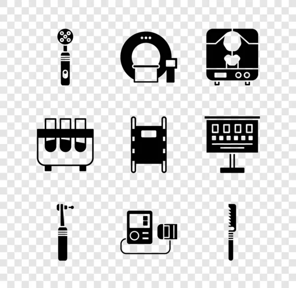 Zestaw Elektryczna szczoteczka do zębów, tomografia, rentgen, wiertarka do zębów, ciśnienie krwi, piła medyczna, probówka i kolba i ikona noszy. Wektor — Wektor stockowy