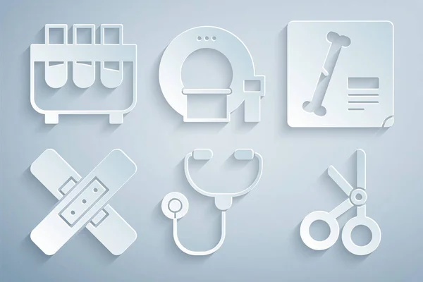 Set Stethoscope, X-ray shots, Crossed bandage plaster, Medical scissors, Tomography and Test tube flask icon. Vector — 스톡 벡터