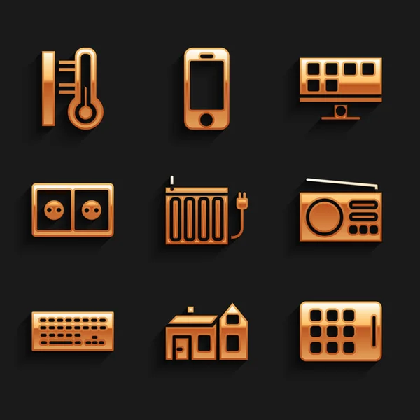 Set Heating radiator, House, Graphic tablet, Radio, Keyboard, Electrical outlet, Smart Tv and Meteorology thermometer icon. Vector — стоковый вектор