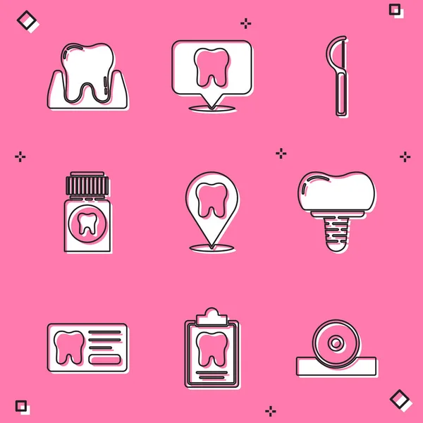 Установить Зуб, Стоматологическая клиника местоположение, зубная нить, болеутоляющее таблетки, имплантаты, карты и иконки. Вектор — стоковый вектор