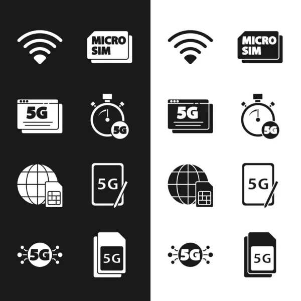 Set Digitale snelheidsmeter 5G, netwerk, Wi-Fi draadloos, Micro Sim Card, Globe, Grafische tablet met, en pictogram. Vector — Stockvector