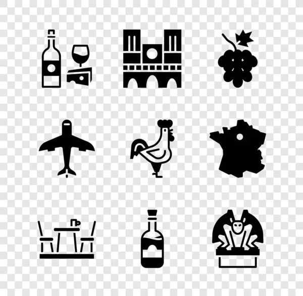 Set Wine bottle with cheese, Notre Dame, Grape fruit, French cafe, Bottles of wine, Gargoyle on pedestal, Plane and rooster icon. Vector — 图库矢量图片