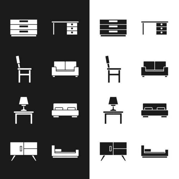 Set Sofa, Stuhl, Kommode, Schreibtisch, Tischlampe auf dem Tisch, großes Bett, Bett und Symbol. Vektor — Stockvektor