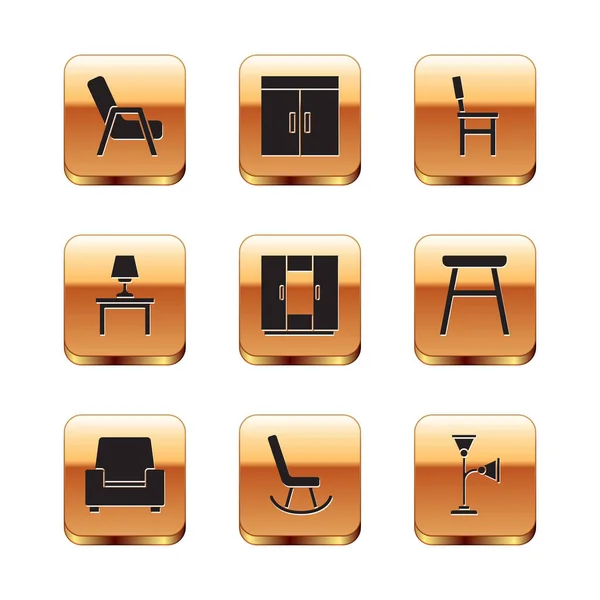 Set Armchair, Wardrobe, Table lamp on table, Chair, Floor and icon. Vector — Stock Vector