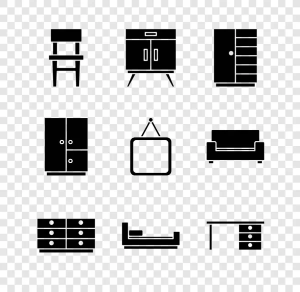 Set Chair, Chest of drawers, Wardrobe, Bed, Office desk, and Mirror icon. Vector — Stock Vector
