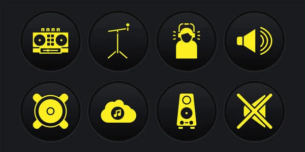 Set Stereo-Lautsprecher, Lautsprecher Lautstärke, Musik-Streaming-Dienst, Man Kopfhörer, Mikrofon mit Ständer, Stummschaltung und DJ Remote-Mixing Musik-Symbol. Vektor — Stockvektor