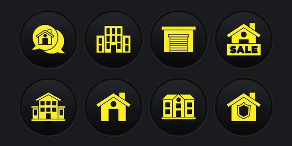 Set Casa, Cartel colgante con venta, Garaje, escudo y mensaje de bienes raíces icono de la casa. Vector — Archivo Imágenes Vectoriales