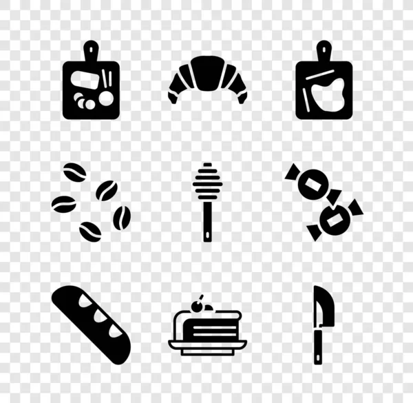 Set Cutting board, Croissant, French baguette bread, Piece of cake, Knife, Coffee beans and Honey dipper stick icon. Vector — 图库矢量图片