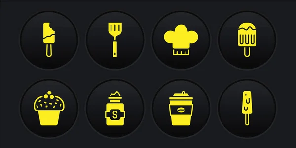 Set Cake, Ice cream, Jar of sugar, Coffee cup to go, Chef hat, Spatula, and icon. Vector — 图库矢量图片