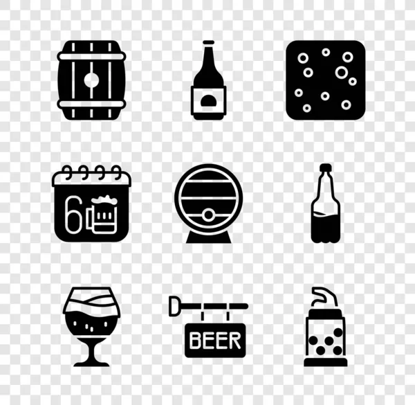 Set Wooden barrel, Beer bottle, bubbles, Glass of beer, Street signboard with, Bottle opener, Saint Patricks day calendar and on rack icon. Vector — 图库矢量图片