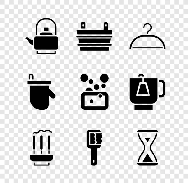 Set Kettle with handle, Sauna bucket, Hanger wardrobe, Incense sticks, brush, hourglass, mittens and Bar of soap icon. Vector — стоковый вектор