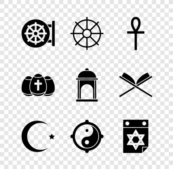 Set Dharma wheel, Cross ankh, Star and crescent, Yin Yang, Jewish calendar, Easter egg and Muslim Mosque icon. Vector — стоковий вектор