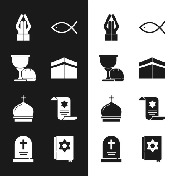 Set Kaaba mosque, Holy grail or chalice, Hands in praying position, Christian fish, Church tower, Torah scroll, Jewish torah book and Tombstone with cross icon. Vector — Stock Vector