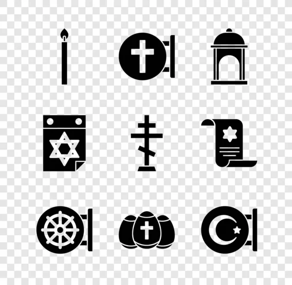 Set Burning candle, Christian cross, Muslim Mosque, Dharma wheel, Easter egg, Star crescent, Jewish calendar and icon. Vector — стоковый вектор