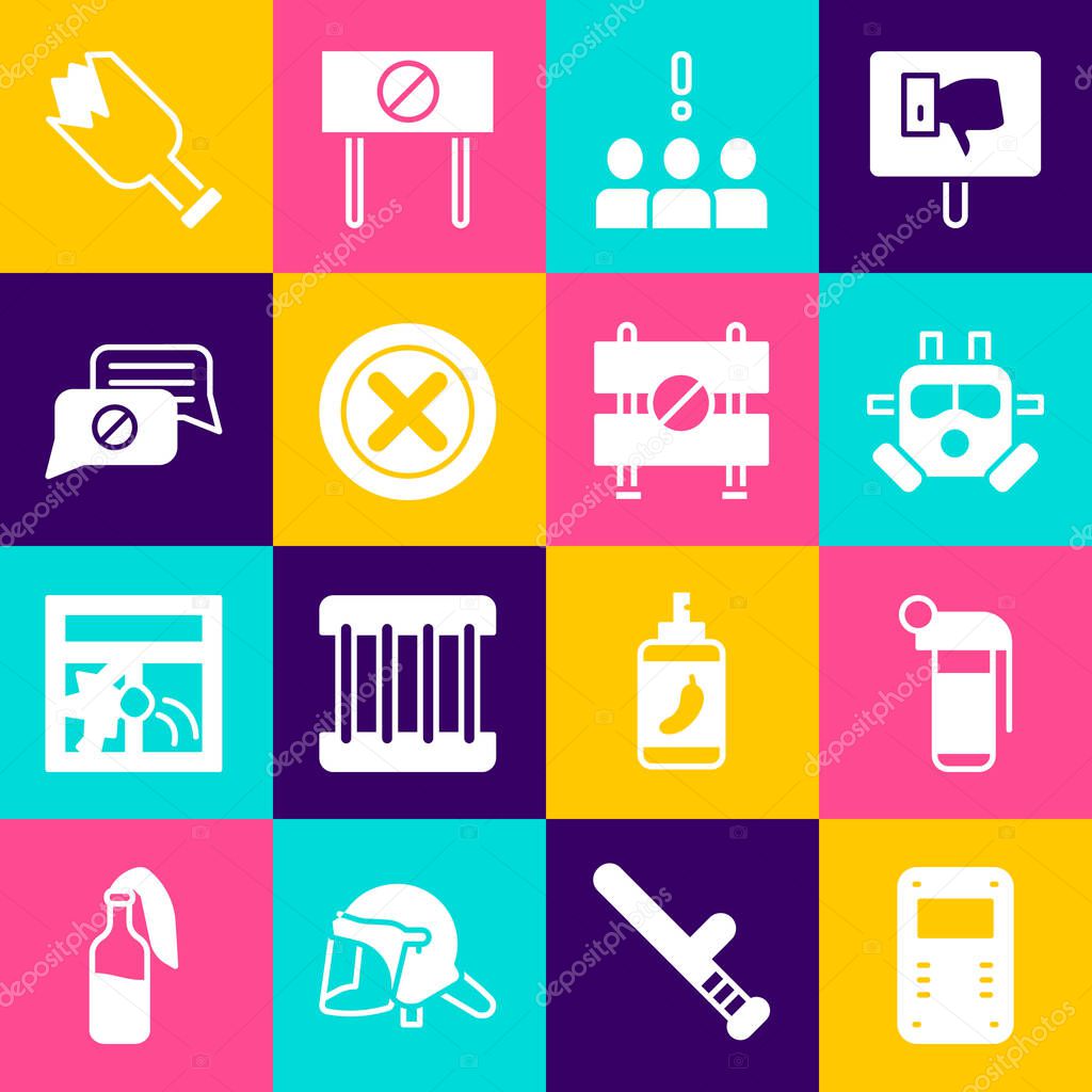 Set Police assault shield, Hand grenade, Gas mask, Crowd protest, X Mark, Cross in circle, Speech bubble chat, Broken bottle weapon and Road barrier icon. Vector