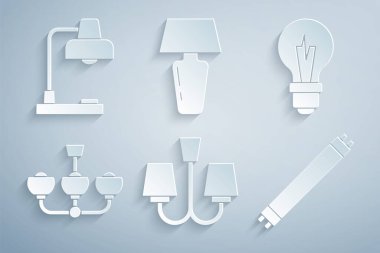 Chandelier, ampul, flüoresan lamba, masa ve ikonu hazırlayın. Vektör