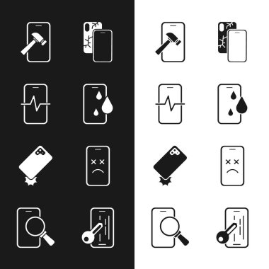 Su geçirmez telefon, telefon tamir servisi, bozuk ekranlı cep telefonu, şok geçirmez, ölü cep telefonu, cam koruyucu ve simge. Vektör