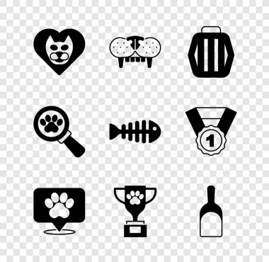 Kedi dişli set kalp, kedi dişi, hayvan taşıma çantası, konum veteriner hastanesi, ödül, faraş, veteriner kliniği ve balık iskeleti ikonu. Vektör