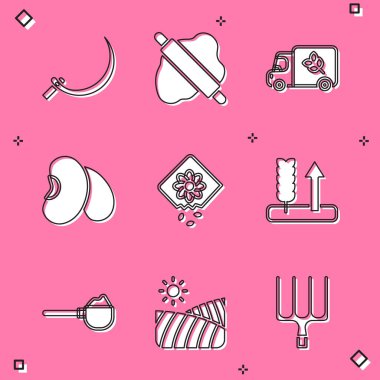 Sickle, hamura merdane, un kamyonu, fasulye tohumu, buğday tohumu, un ve tarım buğday tarlası ikonu dolu ölçü kabı. Vektör