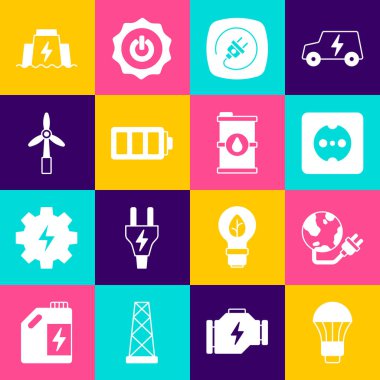 LED ampulü, küresel enerji enerji gezegeni, elektrik prizi, priz, pil, rüzgar türbini, hidroelektrik barajı ve biyoyakıt varili ikonunu ayarla. Vektör