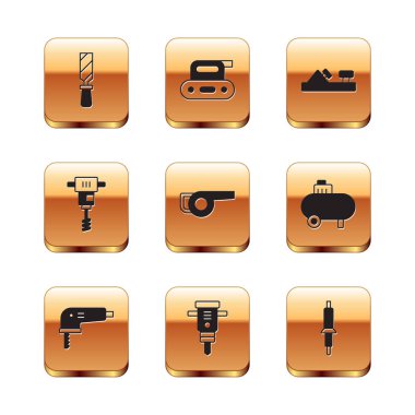 Rasp metal dosyasını, elektrikli yapbozu, inşaat matkabını, yapraklı bahçe üfleyicisini, elektrikli el beton karıştırıcıyı, tahta uçak aletini, lehim demirini ve planör ikonunu ayarla. Vektör