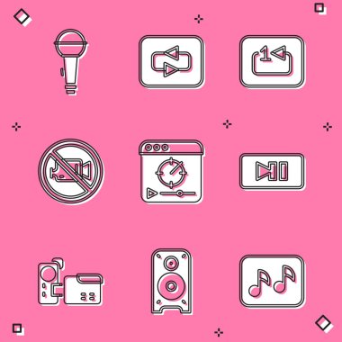 Mikrofon, Tekrarla düğmesi, müzik çalar, yasaklama video kaydı yok, Online, Pause, Cinema kamera ve Stereo hoparlör ikonu. Vektör
